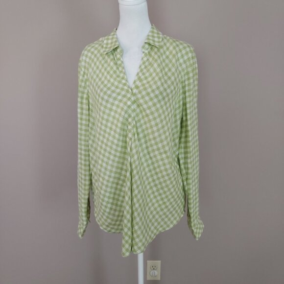J Jill Love Linen Green White Gingham Popover Blouse Size Med - Picture 5 of 10